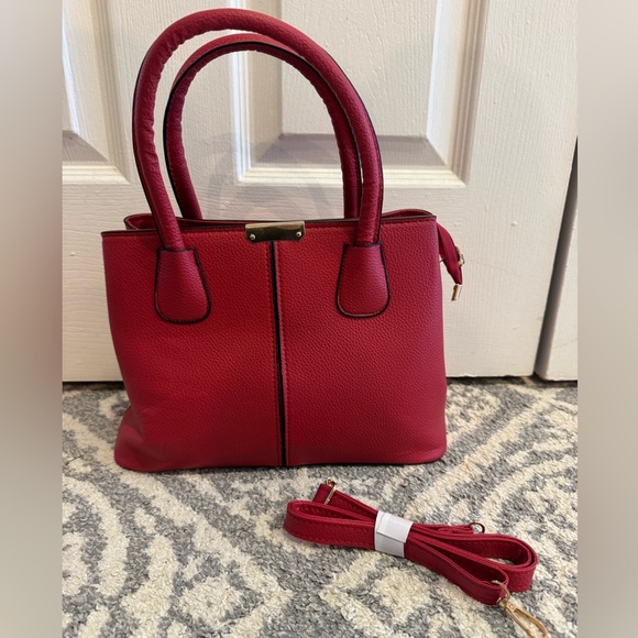 Handbags - Women’s Red Structured Satchel Handbag – Pebbled Leather Look w/ Crossbody Strap